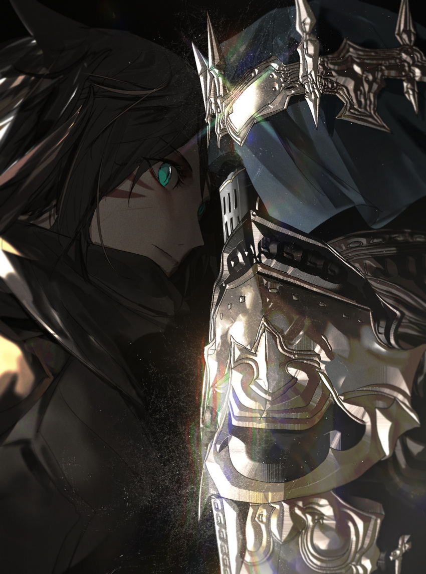 1girl 1other adeuce ambiguous_gender animal_ears aqua_eyes armor avatar_(ff14) black_background black_scarf brown_hair cat_ears dark_knight_(final_fantasy) eyes_visible_through_hair facial_mark facing_another final_fantasy final_fantasy_xiv fray_myste from_side full_armor glint helm helmet highres looking_at_another miqo'te pauldrons portrait scarf serious short_hair shoulder_armor simple_background slit_pupils
