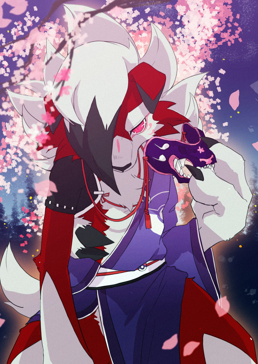 absurdres ao4410 cherry_blossoms claws dark_background demon_mask game_freak gen_7_pokemon japanese_clothes kimono looking_at_viewer lycanroc lycanroc_(midnight) mask night night_sky nintendo pokemon pokemon_(creature) purple_kimono red_eyes samurai two-tone_fur