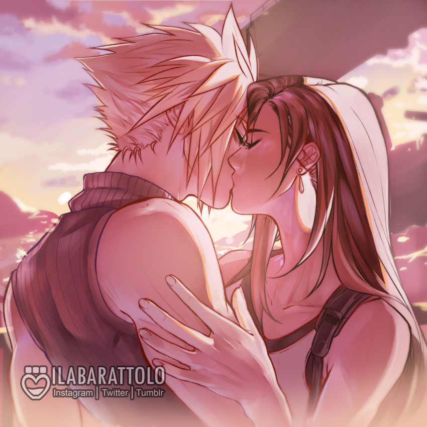 1boy 1girl artist_name bare_arms bare_shoulders black_hair blonde_hair closed_eyes cloud_strife clouds cloudy_sky collarbone couple crop_top earrings final_fantasy final_fantasy_vii final_fantasy_vii_remake hand_on_another's_arm hetero highres ilabarattolo jewelry kiss long_hair sky sleeveless sleeveless_turtleneck spiky_hair suspenders sweater tank_top tifa_lockhart turtleneck turtleneck_sweater upper_body white_tank_top