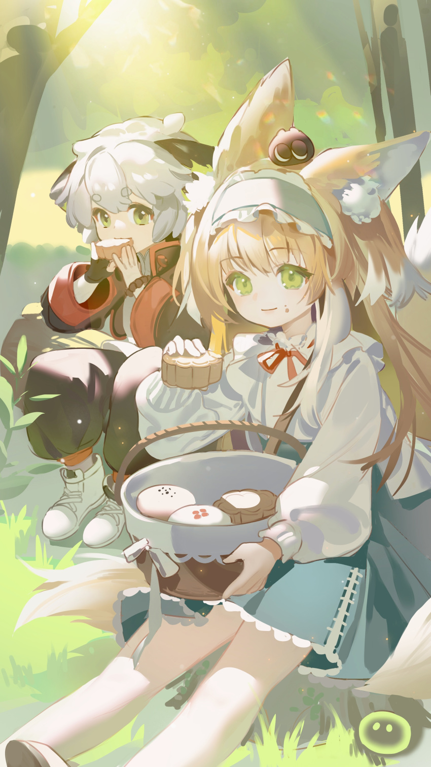 1boy 1girl absurdres animal_ear_fluff animal_ears arknights basket black_gloves black_jacket black_pants blonde_hair blue_skirt closed_mouth commentary_request crossover day eating feet_out_of_frame fingerless_gloves food food_on_face fox_ears fox_girl fox_tail gloves grass green_eyes grey_hair highres holding holding_food jacket long_hair long_sleeves looking_at_viewer luoxiaohei luoyuqingming multicolored_hair on_head outdoors pants puffy_long_sleeves puffy_pants puffy_sleeves shirt shoes short_eyebrows single_glove sitting skirt smile suzuran_(arknights) tail the_legend_of_luo_xiaohei thick_eyebrows two-tone_hair very_long_hair white_footwear white_hair white_jacket white_shirt