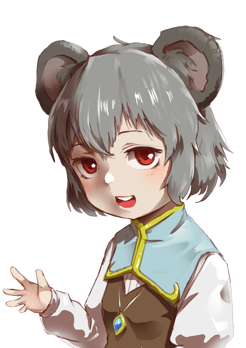 1girl absurdres animal_ears bangs blue_capelet blush breasts capelet commentary_request cookie_(touhou) crystal grey_hair grey_vest hakonnbo highres jewelry looking_at_viewer mouse_ears mouse_girl nazrin nyon_(cookie) open_mouth pendant red_eyes shirt short_hair simple_background small_breasts smile solo touhou upper_body vest white_background white_shirt