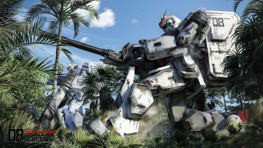 3d absurdres ammunition_box backpack bag blue_sky cannon clouds damaged dirty english_commentary english_text grass ground_gundam gundam gundam_08th_ms_team highres kneeling machinery mecha michaellee4 mobile_suit palm_tree rainforest realistic robot sky title tree war