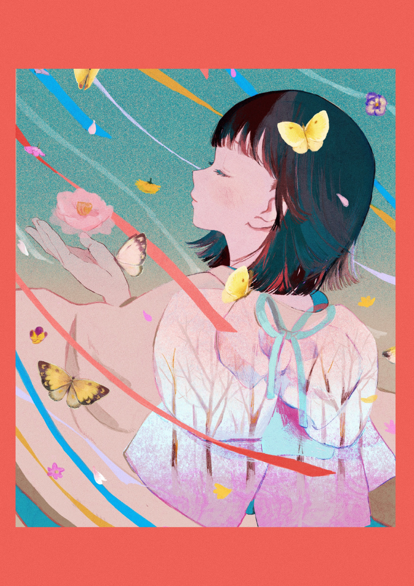 1girl absurdres bangs black_hair blue_ribbon blunt_bangs blunt_ends border bug butterfly closed_eyes flower highres japanese_clothes kimono medium_hair original pansy pink_flower profile red_border red_ribbon ribbon sion_0d1m solo white_butterfly yellow_butterfly yellow_ribbon