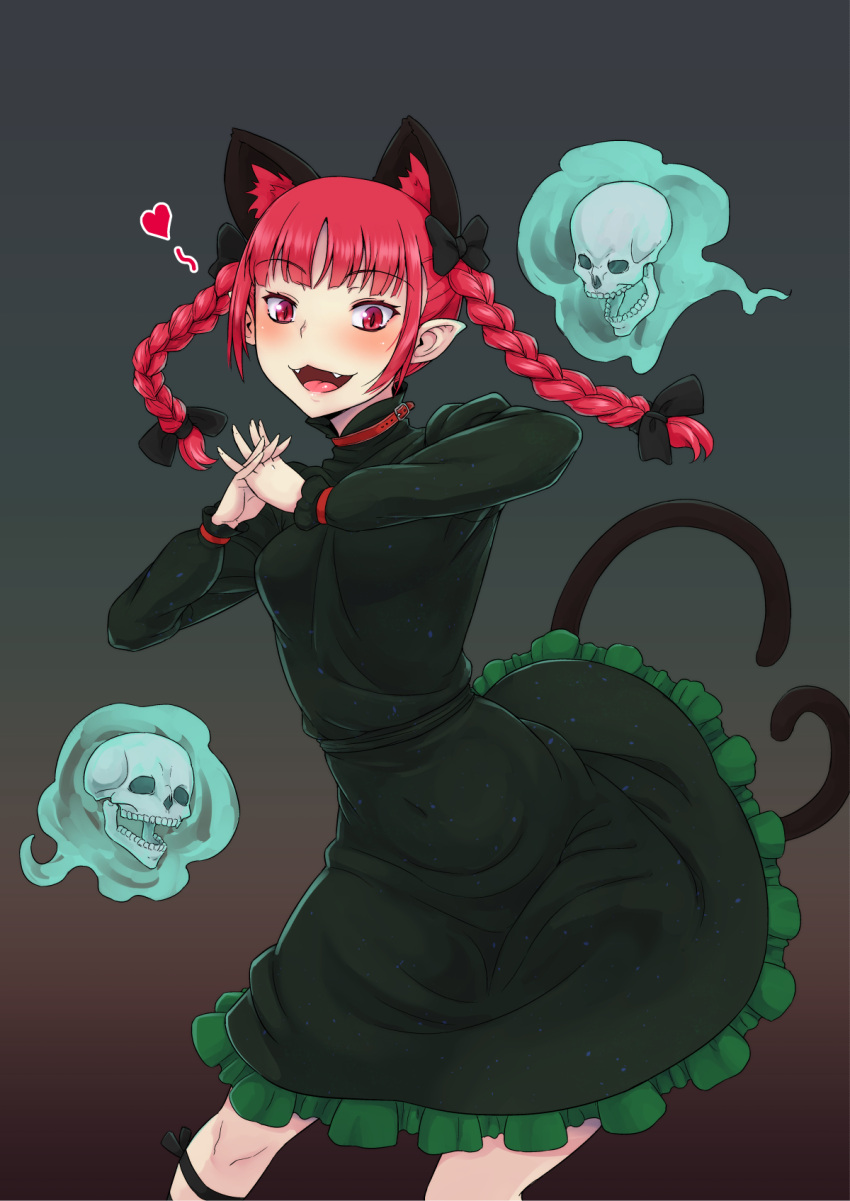 1girl :3 :d animal_ears bow braid cat_ears cat_tail contrapposto dress extra_ears fangs green_dress hair_bow heart highres interlocked_fingers kaenbyou_rin kakone long_sleeves multiple_tails nekomata pointy_ears red_eyes redhead skull smile solo tail tongue touhou twin_braids two_tails