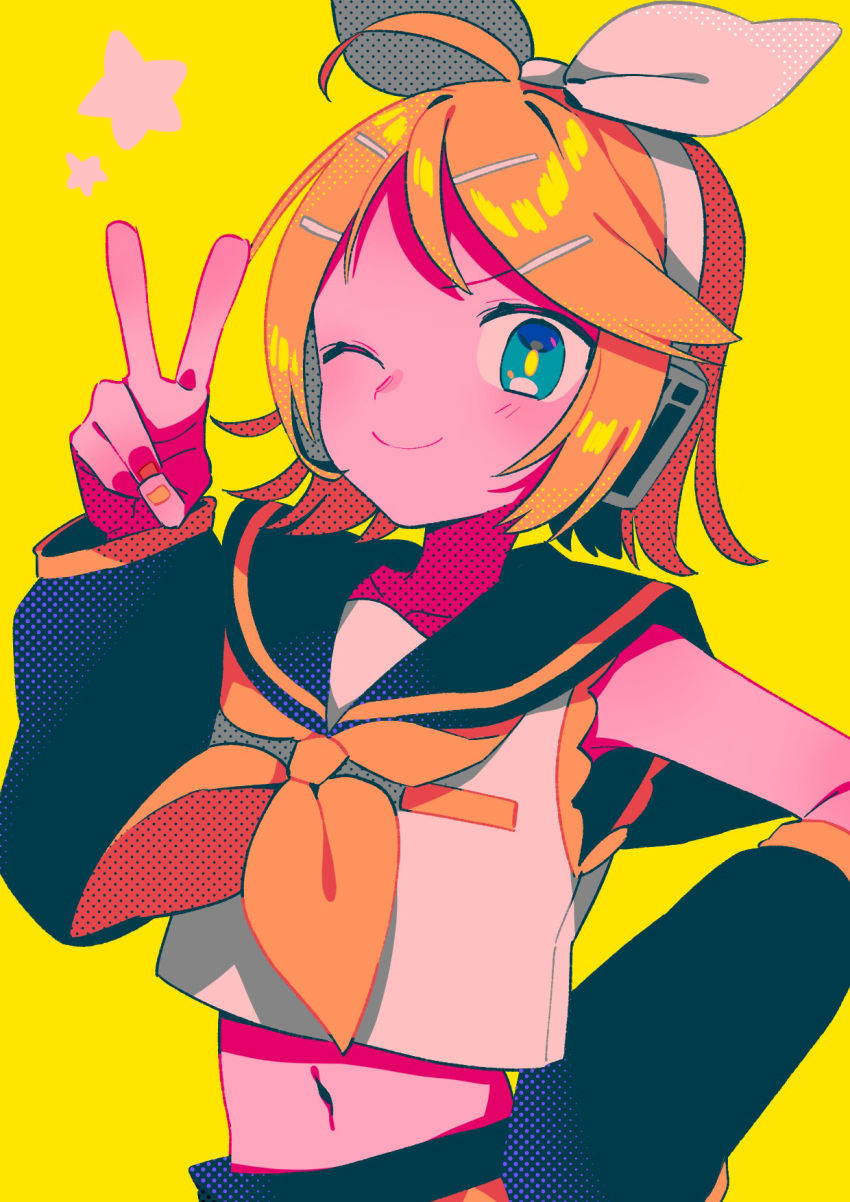1girl ahoge armpits bangs black_sailor_collar black_shorts black_sleeves blonde_hair blue_eyes blush bow bright_pupils closed_mouth collarbone crop_top detached_sleeves hair_bow hair_ornament hairclip halftone hand_on_hip hand_up headphones highres kagamine_rin lace-trimmed_shirt lace_trim looking_at_viewer medium_hair menma_(enaic31) midriff multicolored_eyes navel neckerchief one_eye_closed orange_belt sailor_collar shirt shorts sidelocks simple_background sleeveless sleeveless_shirt smile solo star_(symbol) straight_hair swept_bangs upper_body v vocaloid white_bow white_shirt yellow_background yellow_eyes yellow_neckerchief