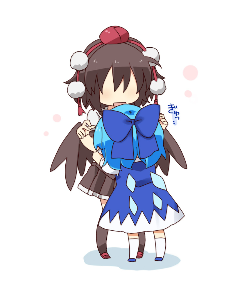 2girls black_hair black_skirt black_wings blue_bow blue_dress blue_hair bow cirno commentary_request dress hat highres hug ice ice_wings multiple_girls open_mouth pom_pom_(clothes) puffy_short_sleeves puffy_sleeves shameimaru_aya shirt short_hair short_sleeves simple_background skirt socks tokin_hat totoharu_(kujirai_minato) touhou translation_request white_shirt wings