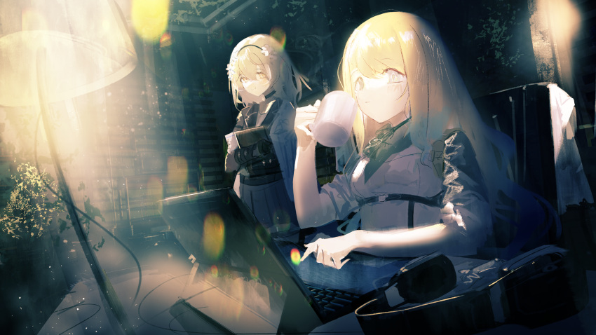 2girls absurdres bandana black_thighhighs blonde_hair blue_eyes boots commentary commission dori_(artist) english_commentary full_body gloves gradient_hair headset highres indie_virtual_youtuber multicolored_hair multiple_girls non-web_source second-party_source shell_casing sitting thigh-highs virtual_youtuber x95_(girls'_frontline) zeta_(vtuber)