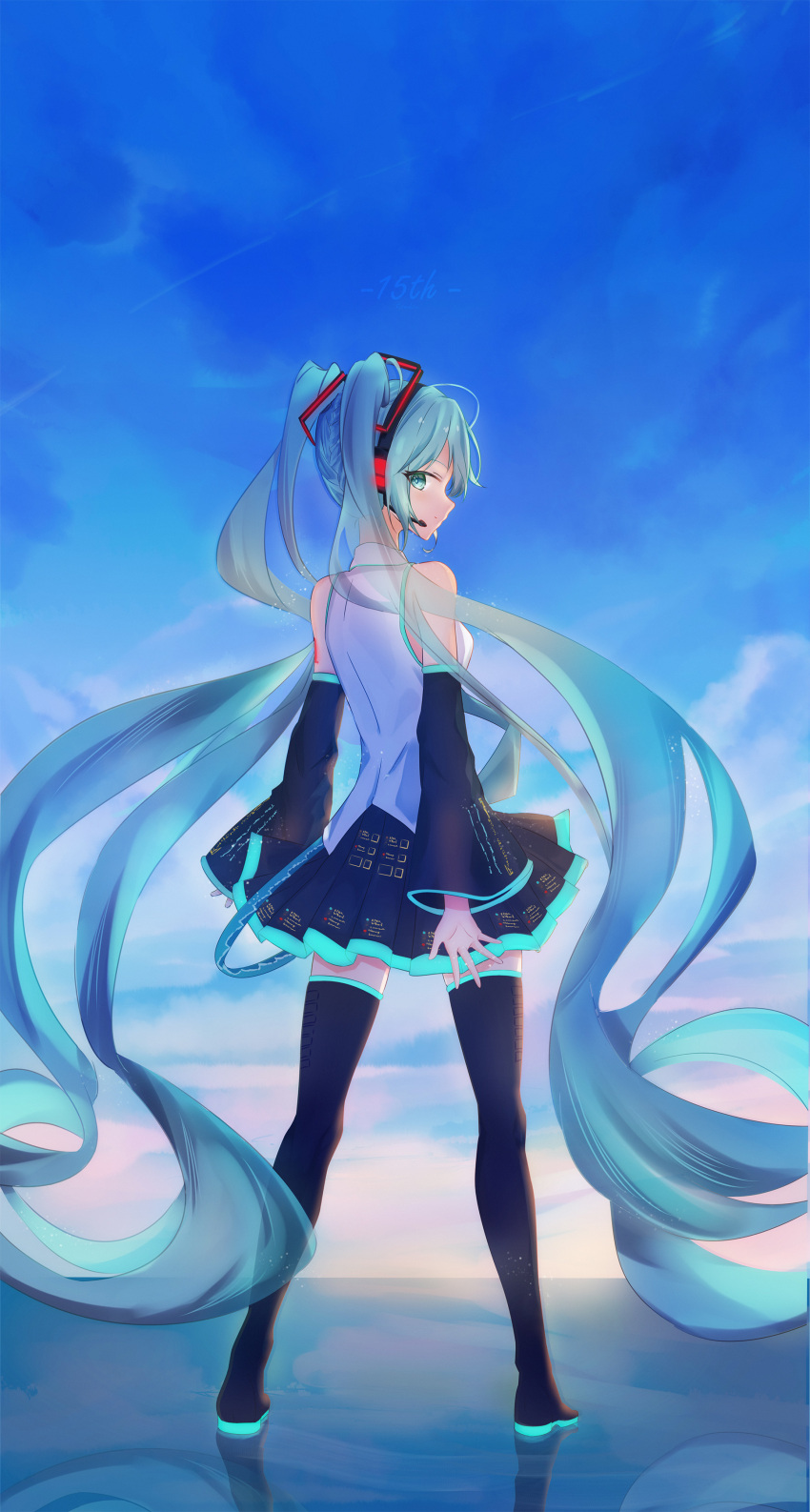 1girl absurdly_long_hair absurdres black_footwear black_skirt black_sleeves blue_hair boots closed_mouth commentary detached_sleeves english_commentary from_behind green_eyes hatsune_miku headphones headset highres long_hair long_sleeves looking_at_viewer looking_back microphone miniskirt outdoors pleated_skirt profile rionlium shirt skirt sleeveless sleeveless_shirt solo standing thigh_boots twintails very_long_hair vocaloid white_shirt zettai_ryouiki