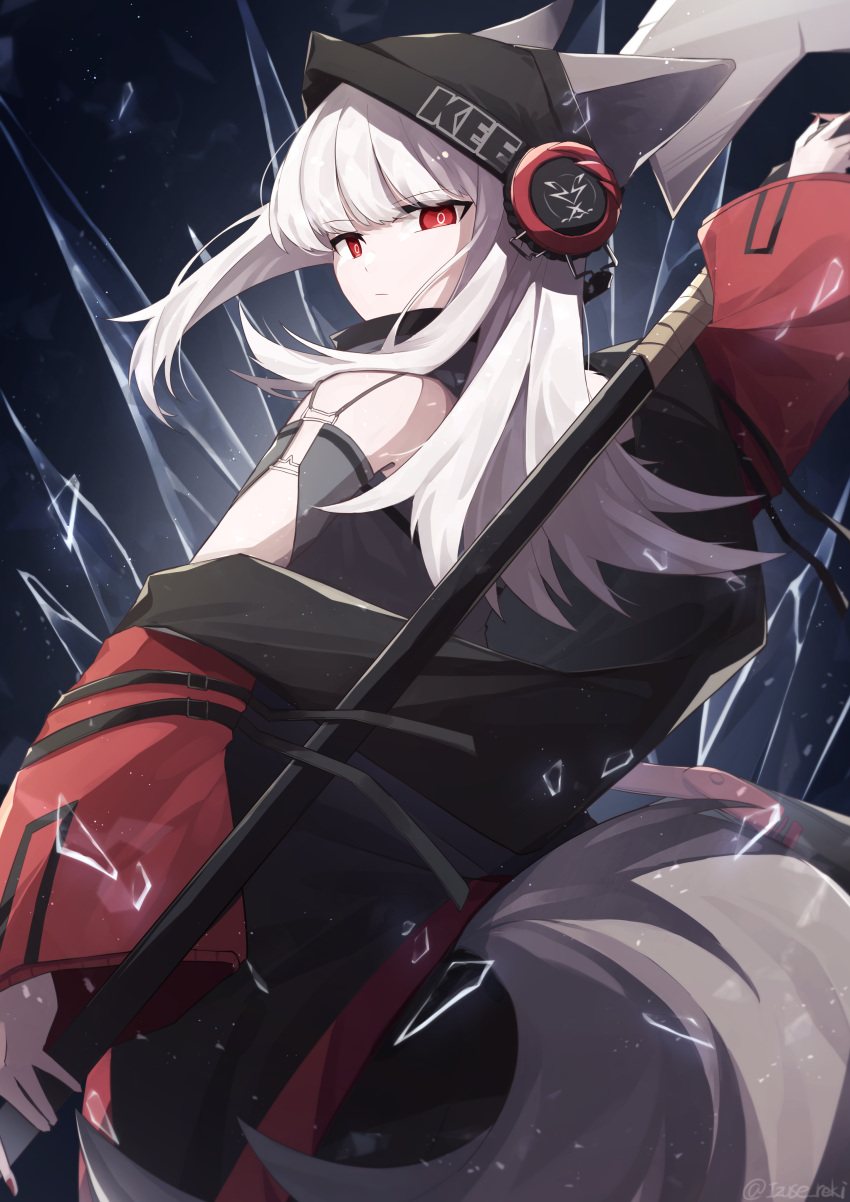 1girl absurdres animal_ears arknights bare_shoulders beanie black_background black_headwear black_shirt cow ears_through_headwear fox_ears fox_girl fox_tail frostleaf_(arknights) glass_shards grey_hair hat headphones highres holding holding_polearm holding_weapon izuse_reki jacket looking_at_viewer polearm red_eyes red_jacket shirt simple_background solo tail weapon