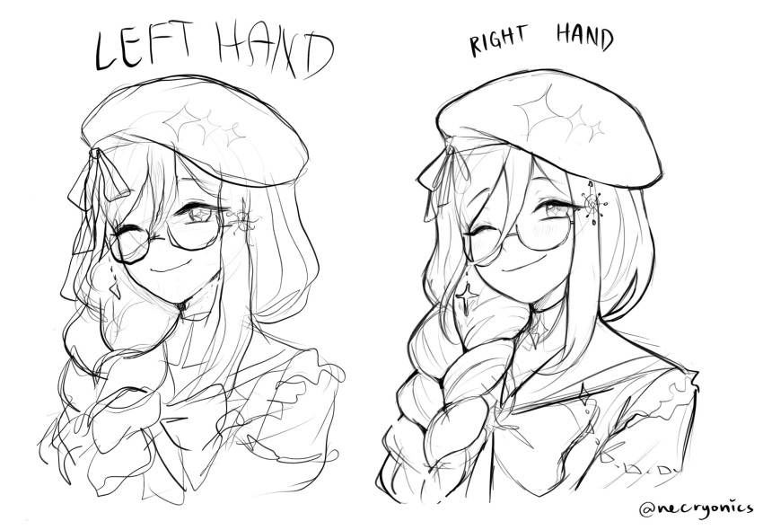 1girl aia_amare beret bow braid choker compass english_commentary glasses greyscale hair_ornament hat highres looking_at_viewer monochrome necryonics nijisanji nijisanji_en sailor_collar semi-rimless_eyewear sketch smile twitter_username virtual_youtuber white_background