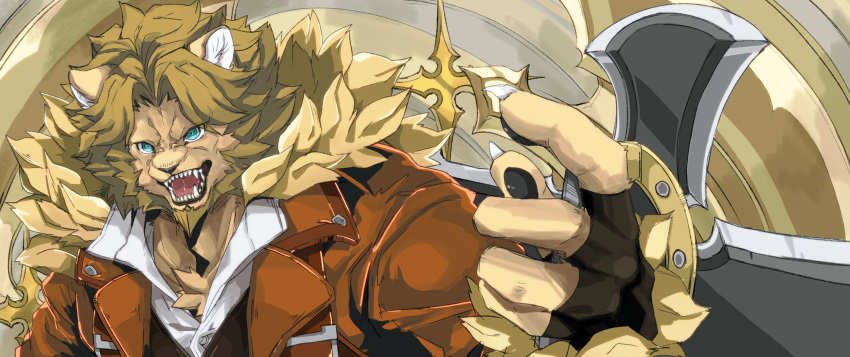 absurdres ao4410 blue_eyes brown_jacket claws fangs fingerless_gloves furry greatsword guilty_gear guilty_gear_strive guilty_gear_xrd leo_whitefang lion lion_ears male_focus mane paws snout tan_fur teeth transformation weapon white_shirt yellow_fur
