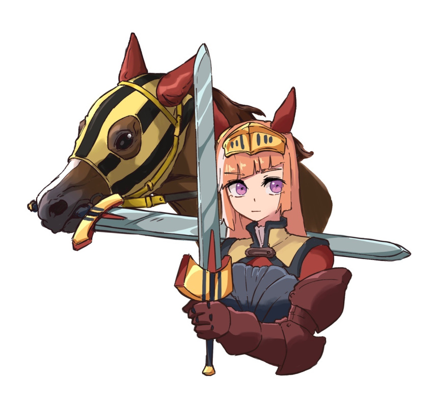 1girl animal_ears arm_guards armor breastplate creature_and_personification durandal_(racehorse) ear_covers gauntlets genderswap genderswap_(mtf) holding holding_sword holding_weapon hood horse horse_ears horse_girl knight long_hair mouth_hold namesake obushideian orange_hair original personification simple_background sword umamusume upper_body violet_eyes visor_(armor) weapon white_background