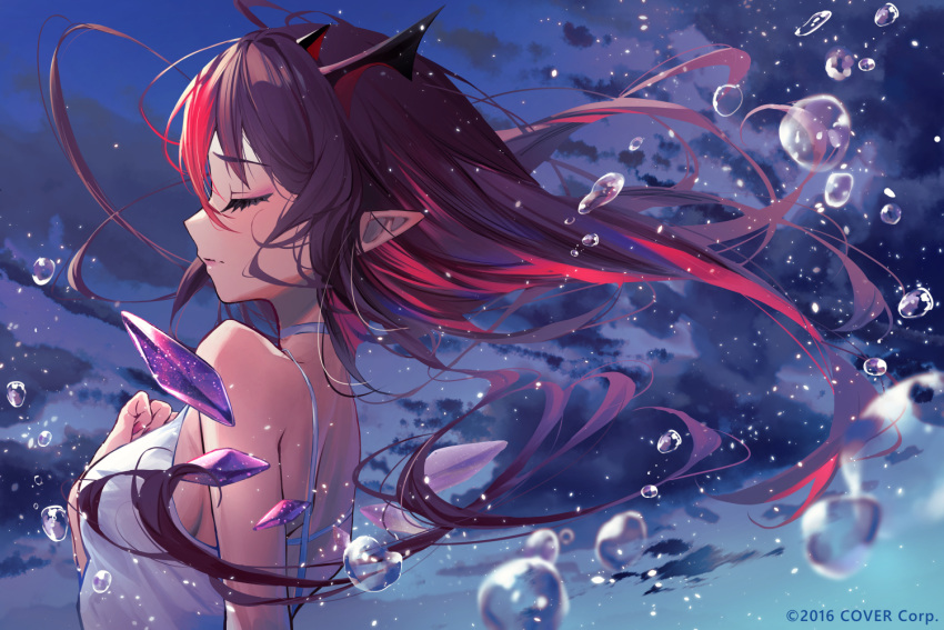 1girl choker closed_eyes clouds company_name hair_between_eyes hololive hololive_english horns irys_(hololive) long_hair looking_back misekiss night night_sky official_art pointy_ears redhead sky solo sunlight upper_body virtual_youtuber water