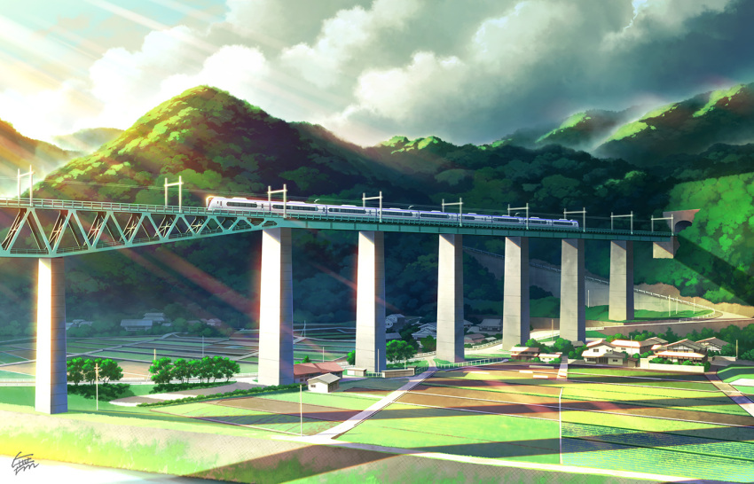 bridge building commentary_request ground_vehicle house mountain mugumo_24k no_humans original outdoors road rural scenery shadow train tree