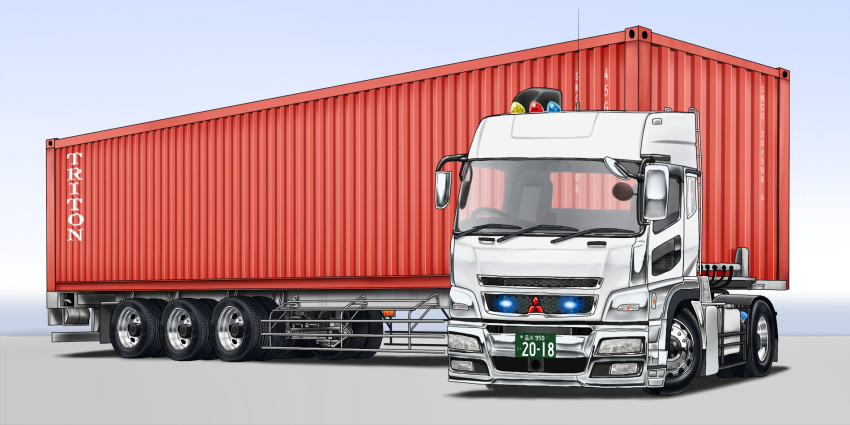 commentary_request ground_vehicle highres license_plate mitsubishi_fusou motor_vehicle nanohapoi original semi_truck shadow shipping_container trailer truck vehicle_focus vehicle_request