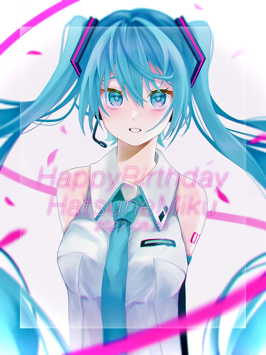 1girl 2022 absurdres arm_tattoo bangs black_sleeves blue_eyes blue_hair blue_necktie blurry blurry_foreground breasts character_name collared_shirt dated detached_sleeves eyebrows_hidden_by_hair floating_hair framed hair_between_eyes happy_birthday hatsune_miku headphones headset highres long_hair looking_at_viewer medium_breasts meruri_lumiere microphone necktie number_tattoo open_mouth shirt sleeveless sleeveless_shirt solo tattoo twintails upper_body very_long_hair vocaloid white_background white_shirt wing_collar