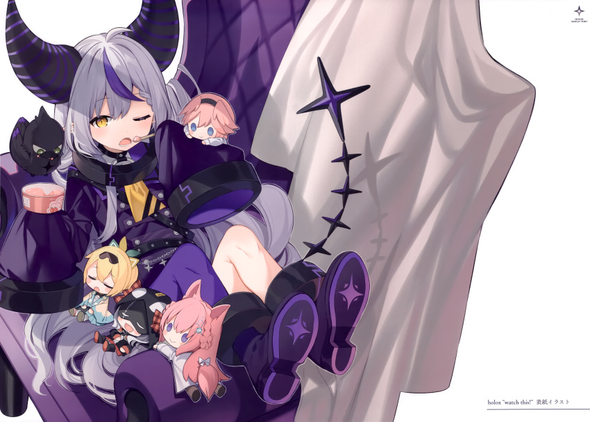 1girl absurdres ahoge ankle_cuffs bangs boots character_doll couch crow_(la+_darknesss) demon_horns full_body grey_hair hakui_koyori highres holding holding_spoon hololive holox horns jacket kazama_iroha la+_darknesss long_hair long_sleeves looking_at_viewer mishima_kurone multicolored_hair on_couch open_mouth pantyhose purple_hair purple_jacket purple_pantyhose sakamata_chloe scan single_leg_pantyhose sitting sleeves_past_fingers sleeves_past_wrists solo spoon streaked_hair tail takane_lui very_long_hair virtual_youtuber yellow_eyes