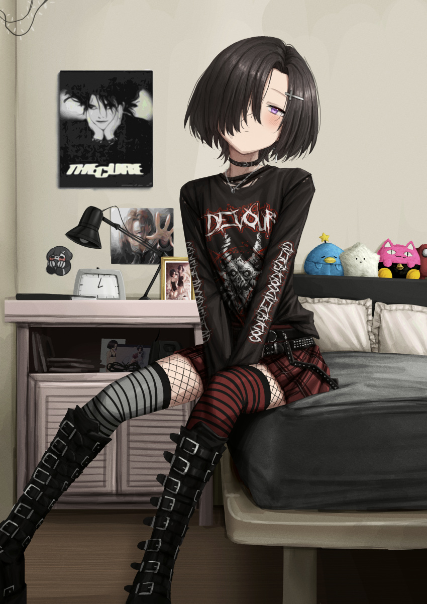 1girl absurdres asymmetrical_legwear band_shirt bangs bed belt_boots black_hair boots closed_mouth collar cross_hair_ornament dinkle feet_out_of_frame fishnets frilled_pillow frills hair_ornament hair_over_one_eye highres indoors itemlabel knee_boots kurotama_rei lobsteranian long_bangs looking_at_viewer merchandise mismatched_legwear moley on_bed original pantyhose pillow poster_(object) short_hair sitting skirt solo stuffed_toy sucklet the_cure_(band) thigh-highs violet_eyes