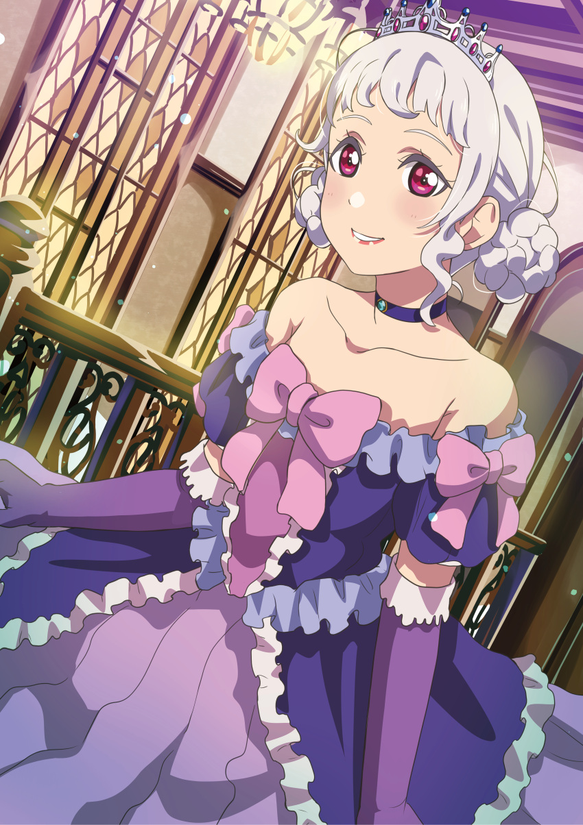 1girl absurdres al_aoi_aoba arashi_chisato choker commentary_request double_bun dress elbow_gloves frilled_dress frills gloves hair_bun highres indoors lipgloss looking_at_viewer love_live! love_live!_superstar!! off-shoulder_dress off_shoulder parted_lips pink_ribbon purple_choker purple_dress purple_gloves red_eyes ribbon smile solo tiara upper_body white_hair