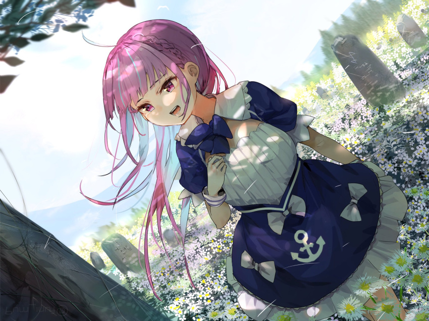 1girl anchor_symbol blue_hair braid colored_inner_hair daisy dress field floating_hair flower flower_field french_braid funi_mu9 hair_down highres hololive minato_aqua multicolored_hair open_mouth purple_hair streaked_hair tombstone violet_eyes virtual_youtuber