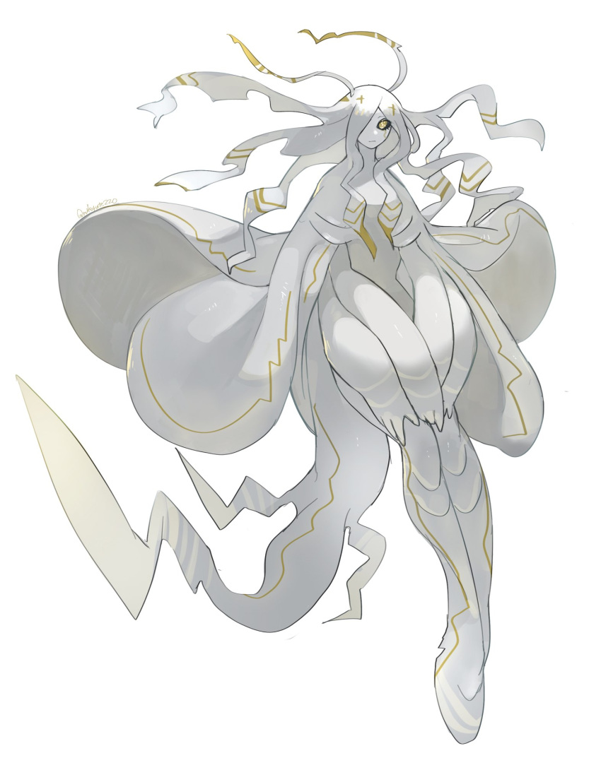 1girl black_sclera cape closed_mouth colored_sclera colored_skin extra_arms full_body highres long_hair looking_at_viewer monster_girl original ruteko_(ruko220) simple_background solo tail tentacle_hair white_background white_cape white_skin yellow_eyes