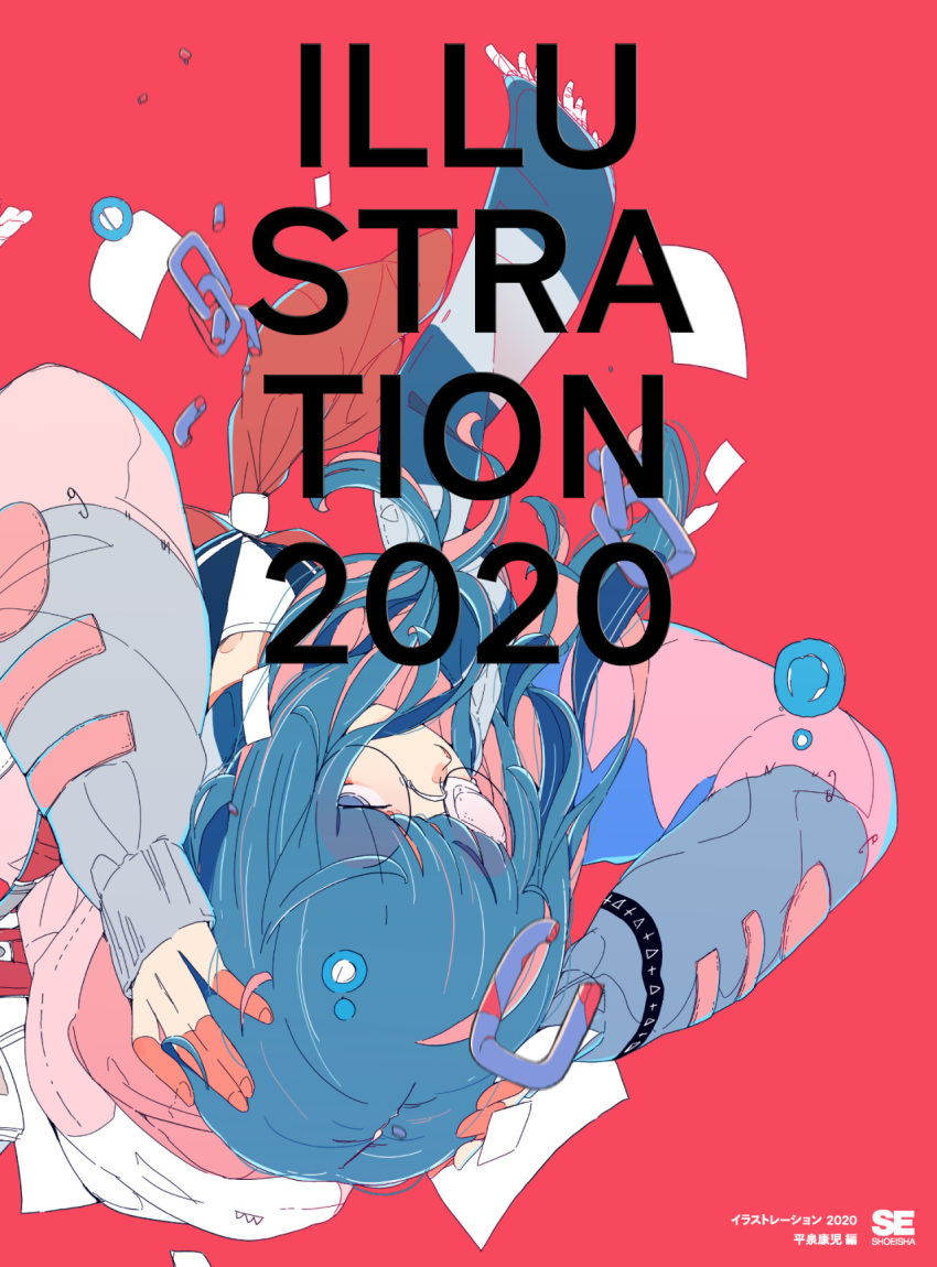 1girl 2020 blue_hair daisukerichard flat_color glasses highres illustration.media limited_palette long_hair long_sleeves original red_background round_eyewear scarf simple_background solo upside-down