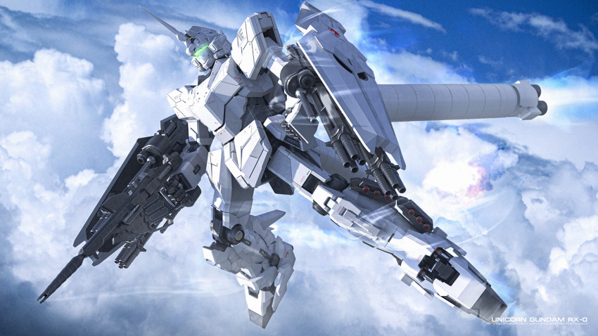 3d anaheim_electronics beam_rifle blue_sky character_name clouds energy_gun english_commentary english_text flying gundam gundam_unicorn machinery mecha michaellee4 mobile_suit no_humans realistic robot rocket roundel science_fiction shield sky thrusters unicorn_gundam weapon