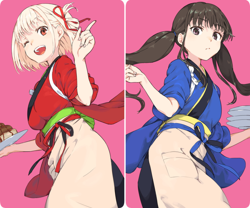 2girls ;d apron bangs black_hair blonde_hair blue_kimono bob_cut bow closed_mouth fingernails green_bow haimura_kiyotaka hair_ribbon highres holding holding_plate japanese_clothes kimono looking_at_viewer lycoris_recoil multiple_girls nishikigi_chisato one_eye_closed open_mouth parfait pink_background plate red_eyes red_kimono red_ribbon ribbon short_hair smile twintails violet_eyes waist_bow waitress yellow_bow