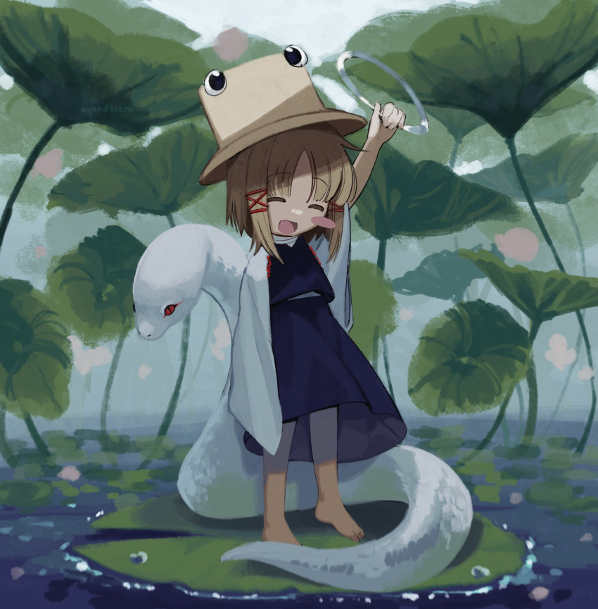 1girl arm_up bangs barefoot blonde_hair blush blush_stickers brown_headwear closed_eyes fang happy highres holding holding_jewelry holding_ring jewelry lily_pad lisa_(faeuna) long_sleeves mishaguji moriya_suwako open_mouth purple_skirt purple_vest pyonta ring skin_fang skirt snake solo standing touhou turtleneck vest wide_sleeves