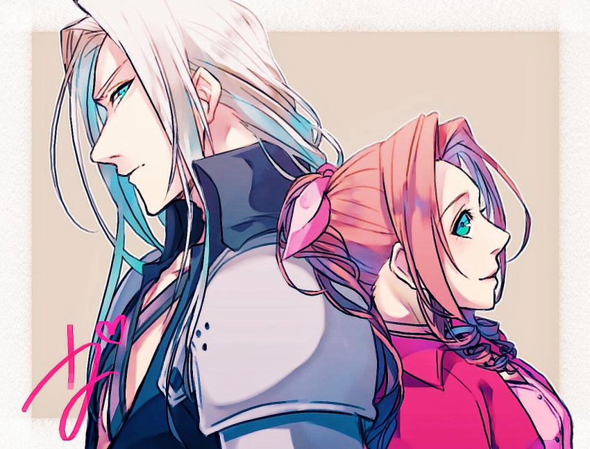 1boy 1girl aerith_gainsborough armor bangs black_jacket brown_hair dress final_fantasy final_fantasy_vii final_fantasy_vii_remake green_eyes jacket long_hair pink_dress pink_ribbon red_jacket ribbon sephiroth shoulder_armor signature white_hair xxyoooyxx