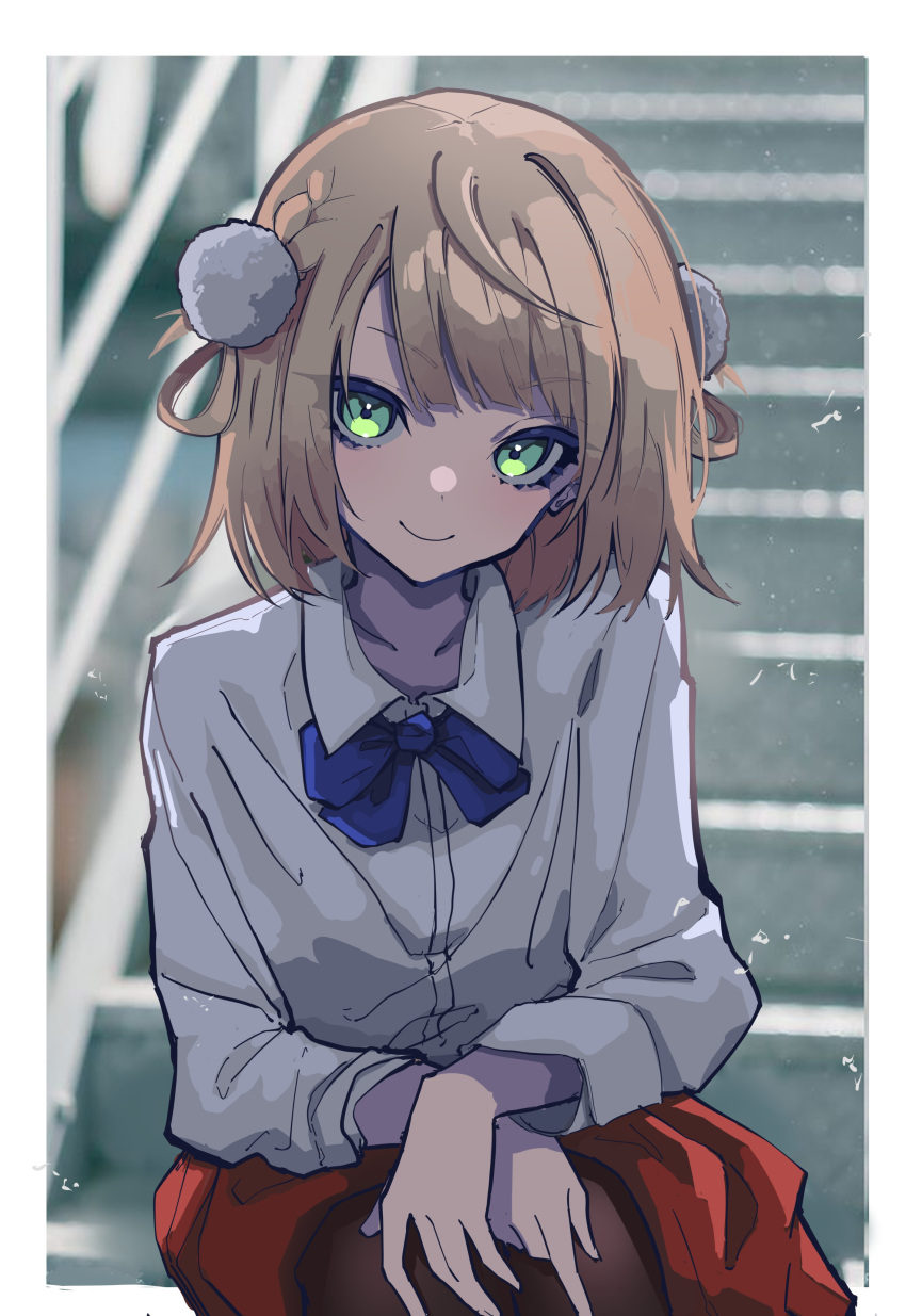 1girl absurdres bangs blue_ribbon braid closed_mouth collarbone collared_shirt dot_nose green_eyes hair_ornament highres indie_virtual_youtuber light_brown_hair long_sleeves looking_at_viewer mentally_deficient ribbon school_uniform shigure_ui_(vtuber) shirt short_hair virtual_youtuber
