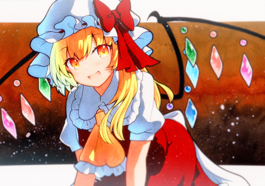 1girl ascot blonde_hair collared_shirt crystal fang flandre_scarlet frilled_shirt_collar frilled_skirt frilled_sleeves frills hat highres mob_cap one_side_up puffy_short_sleeves puffy_sleeves qqqrinkappp red_eyes red_skirt red_vest shirt short_sleeves skirt skirt_set slit_pupils solo touhou traditional_media vest white_headwear white_shirt wrist_cuffs yellow_ascot