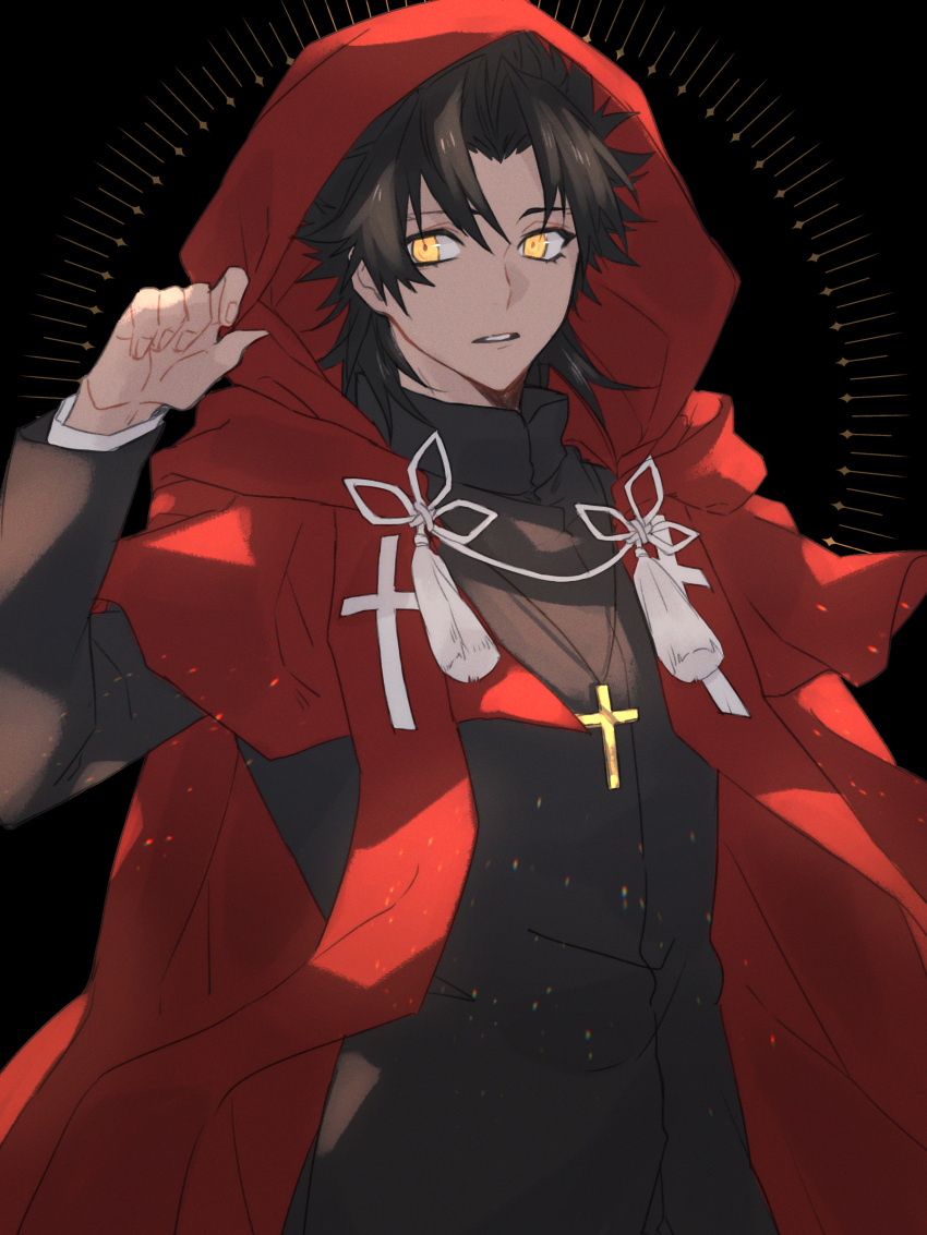 1boy absurdres alternate_skin_color amakusa_shirou_(fate) bangs black_hair brown_eyes cape cross cross_necklace cross_print earrings fate/apocrypha fate/grand_order fate_(series) highres hood hooded_cape jewelry light_particles long_sleeves male_focus necklace official_alternate_hair_color parted_bangs priest red_cape red_hood short_hair solo spiky_hair stole tassel tofu_(bean359) upper_body yellow_eyes