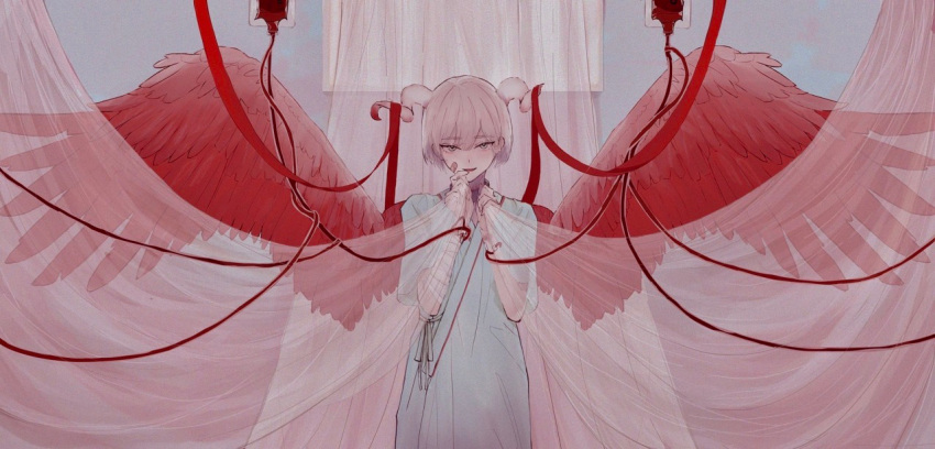 1boy angel angel_wings bandaged_arm bandages bandaid bandaid_on_face blonde_hair blood blood_bag blue_background curtains flower grey_eyes horns hospital_gown intravenous_drip looking_at_viewer male_focus niufog open_mouth original red_ribbon ribbon short_hair short_sleeves smile solo wings