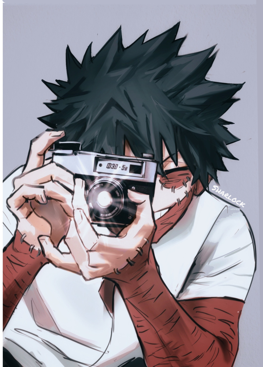 1boy absurdres artist_name black_hair boku_no_hero_academia burn_scar camera cheek_piercing closed_eyes commentary dabi_(boku_no_hero_academia) grin highres holding holding_camera male_focus multiple_scars scar scar_on_arm scar_on_face sharl0ck shirt smile solo spiky_hair symbol-only_commentary taking_picture upper_body white_shirt