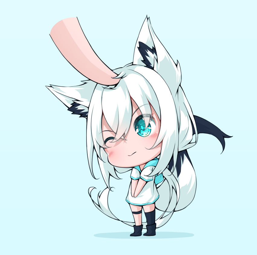 1girl absurdres animal_ear_fluff animal_ears bangs black_footwear black_thighhighs blue_background blush chibi commentary_request dress fox_ears fox_girl fox_tail green_eyes hair_between_eyes headpat highres hololive ikamoworkshop long_hair looking_at_viewer one_eye_closed shirakami_fubuki sidelocks simple_background single_thighhigh tail thigh-highs thigh_strap virtual_youtuber white_dress white_hair