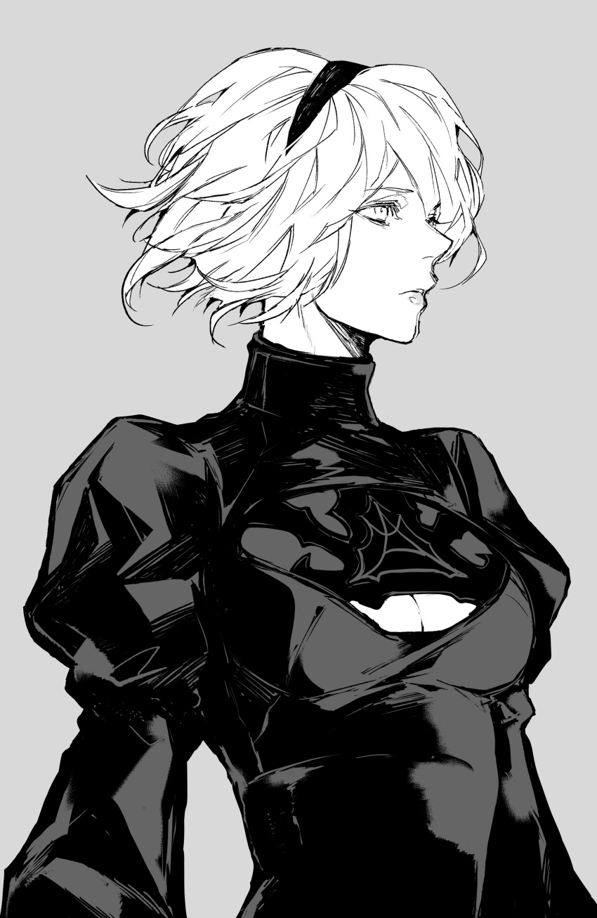 absurdres black_dress black_hairband breasts cleavage_cutout clothing_cutout dress grey_background hairband highres juliet_sleeves long_sleeves medium_breasts monochrome nier_(series) nier_automata nishiii26miii puffy_sleeves sketch upper_body white_hair yorha_no._2_type_b