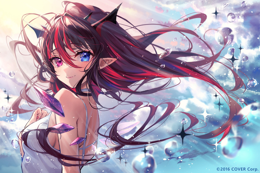 1girl blue_eyes choker clouds company_name heterochromia hololive hololive_english horns irys_(hololive) long_hair looking_at_viewer looking_back misekiss official_art pink_eyes pointy_ears redhead sky smile solo sunlight upper_body virtual_youtuber water