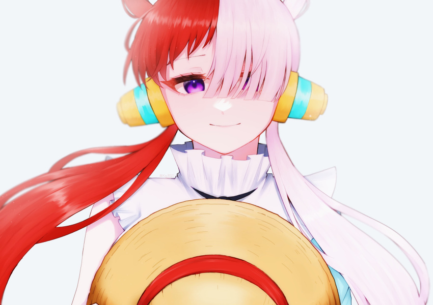 1girl hair_over_one_eye hair_rings hat headphones highres multicolored_hair one_piece redhead smile solo split-color_hair straw_hat two-tone_hair uta_(one_piece) white_background white_hair