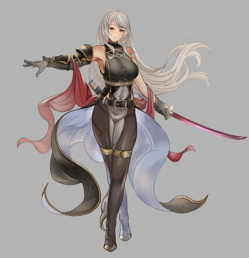 1girl absurdres armpits asymmetrical_gloves bare_shoulders blush closed_mouth full_body gloves grey_gloves grey_hair highres holding holding_sword holding_weapon katana long_hair looking_at_viewer original pantyhose pelvic_curtain red_eyes shawl simple_background smile solo sword thighlet tnr_(horiko1525) weapon