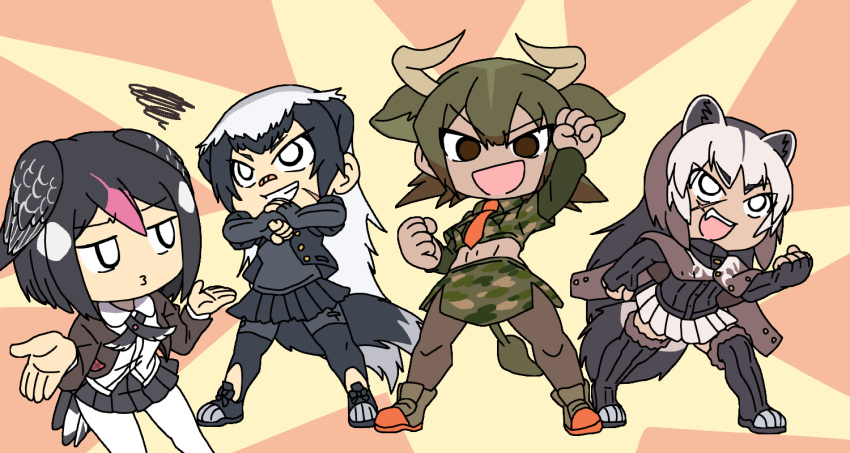 4girls :d animal_ears arm_up aurochs_(kemono_friends) badger_ears badger_tail bangs bird_girl bird_tail bird_wings black_hair boots brown_eyes brown_hair brown_pantyhose camouflage camouflage_shirt camouflage_skirt chibi clenched_hand clenched_hands collared_shirt cow_ears cow_girl cow_horns cow_tail cropped_shirt elbow_gloves extra_ears feet_out_of_frame fingerless_gloves fist_in_hand full_body gloves greater_honeyguide_(kemono_friends) green_hair grey_hair grin hands_up head_wings horns jacket jacket_on_shoulders kemono_friends layered_sleeves leaning_forward long_hair long_sleeves looking_afar looking_at_another looking_at_viewer medium_hair midriff miniskirt multicolored_hair multiple_girls navel necktie open_clothes open_jacket open_shirt outstretched_arm outstretched_hand own_hands_together pantyhose pink_hair pleated_skirt pose print_shirt print_skirt ratel_(kemono_friends) shirt shoes short_over_long_sleeves short_sleeves skirt smile squiggle srd_(srdsrd01) standing stomach tail tan thigh_boots two-tone_hair undershirt v-shaped_eyebrows very_long_hair white_eyes white_hair wing_collar wings wolverine_(kemono_friends) zettai_ryouiki