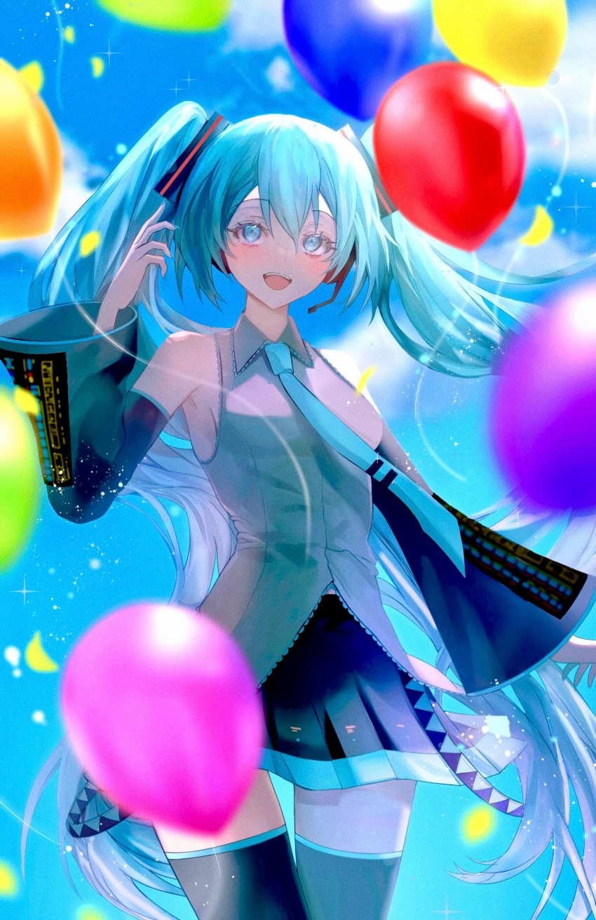 1girl :d balloon bangs black_skirt black_sleeves black_thighhighs blue_eyes blue_hair blue_necktie breasts collared_shirt commentary cowboy_shot detached_sleeves diandao_qin dress_shirt english_commentary floating_hair grey_shirt hair_between_eyes hatsune_miku headphones headset highres long_hair long_sleeves looking_at_viewer microphone miniskirt necktie open_mouth pleated_skirt shiny shiny_hair shirt skirt sleeveless sleeveless_shirt small_breasts smile solo standing thigh-highs thigh_gap twintails very_long_hair vocaloid wing_collar zettai_ryouiki