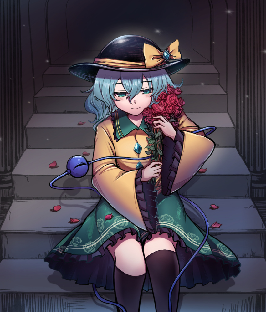 1girl bangs black_thighhighs bouquet bow bright_pupils crossed_bangs diamond_(shape) flat_chest floral_print flower frilled_skirt frilled_sleeves frills gem green_eyes green_gemstone green_hair green_skirt hair_between_eyes hat hat_bow highres holding holding_bouquet komeiji_koishi light_particles long_sleeves medium_hair petals rose rose_petals rose_print shirt shishui_guima sitting skirt smile solo stairs thigh-highs third_eye touhou white_pupils yellow_bow yellow_shirt