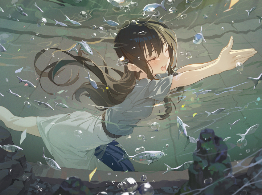 1girl absurdres air_bubble aquarium bangs black_hair blue_skirt blush bubble closed_eyes fish fisheye from_side grey_shirt grey_skirt highres hxxg inoue_takina leg_lift long_hair lycoris_recoil meme open_mouth outstretched_arms own_hands_together pose rock sakana~_(meme) scene_reference shirt short_sleeves sidelocks skirt solo standing standing_on_one_leg straight_hair teeth two-tone_skirt upper_teeth