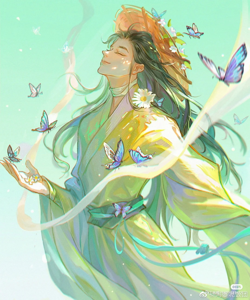 black_hair blue_butterfly bug butterfly chinese_clothes closed_eyes daisy flower hanfu hat highres long_hair male_focus na16007850 profile tian_guan_ci_fu white_flower xie_lian