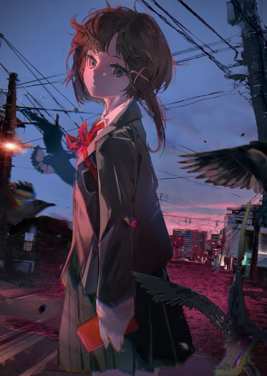 1girl absurdres arm_at_side bangs bird black_skirt blue_sky brown_hair building chromatic_aberration city collared_shirt cowboy_shot evening expressionless from_side grey_eyes grey_jacket hair_ornament highres holding iwakura_lain jacket kirrrara long_sleeves looking_at_viewer neck_ribbon outdoors power_lines ribbon road school_uniform serial_experiments_lain shirt short_hair_with_long_locks skirt sky solo standing street sunset utility_pole white_shirt x_hair_ornament