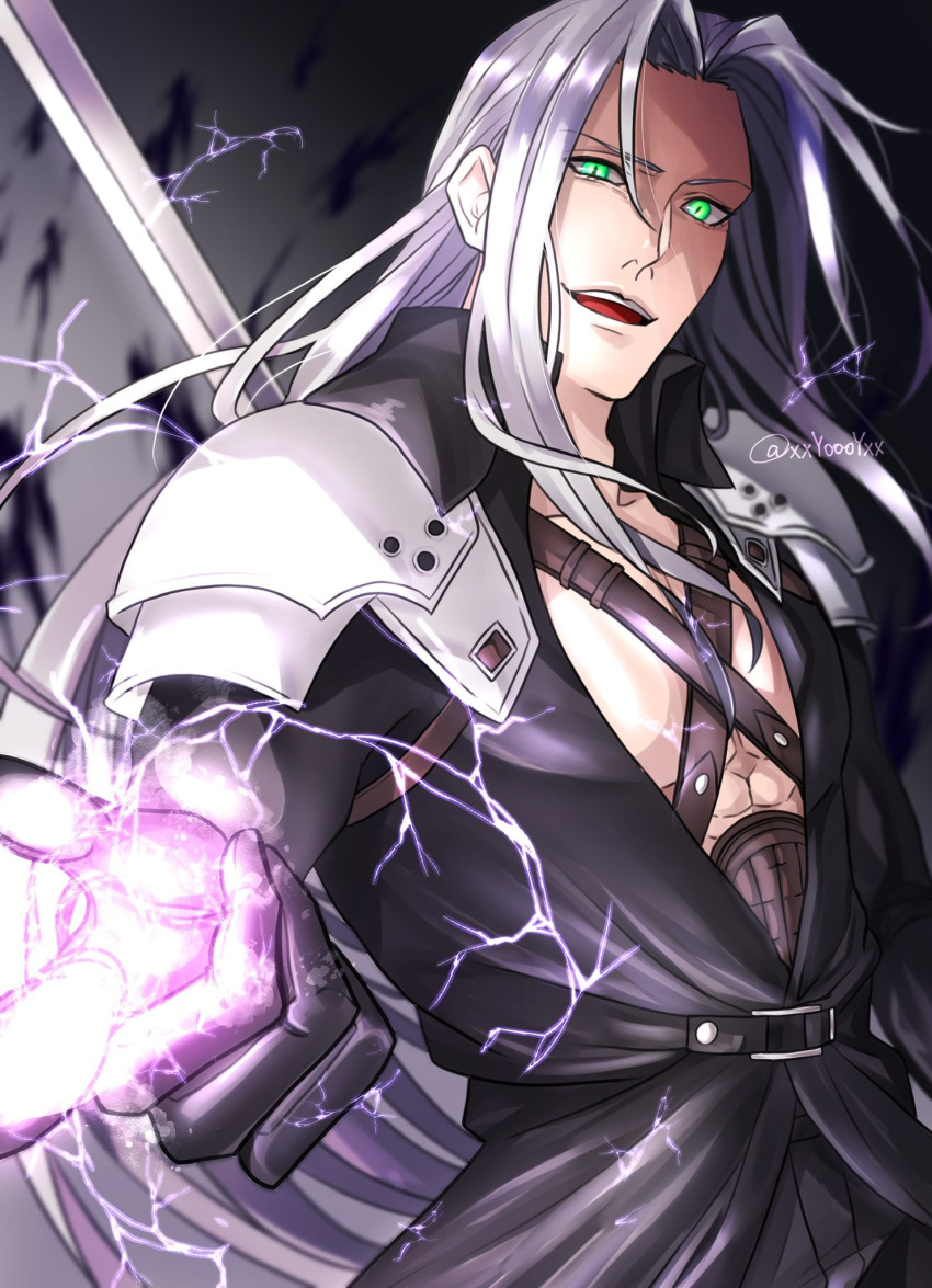 1boy armor bangs bare_pectorals belt black_gloves black_jacket final_fantasy final_fantasy_vii final_fantasy_vii_remake gloves green_eyes grey_hair highres jacket katana lightning long_bangs long_hair long_sleeves male_focus pectorals sephiroth shoulder_armor solo sword weapon xxyoooyxx