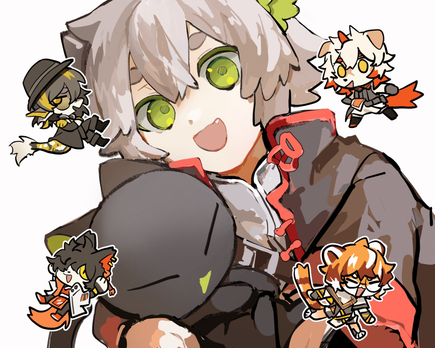 1girl 4boys aak_(arknights) animal_ears arknights bishounen black_cat cat chibi chinese_clothes closed_eyes fang fedora furry glasses green_eyes hair_over_one_eye hat highres hung_(arknights) lee_(arknights) luoxiaohei male_focus multiple_boys smile solo south_ac the_legend_of_luo_xiaohei waai_fu_(arknights)