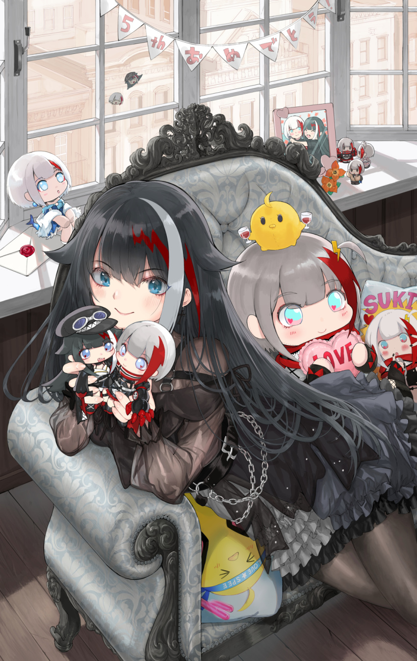 1girl admiral_graf_spee_(azur_lane) azur_lane bangs black_dress black_hair blue_eyes character_doll closed_mouth commentary_request couch deutschland_(azur_lane) deutschland_(demon_princess'_dark_hour_banquet)_(azur_lane) doll dress highres holding holding_doll indoors letter long_hair looking_at_viewer manjuu_(azur_lane) multicolored_hair official_alternate_costume pantyhose picture_(object) picture_frame redhead sitting smile solo streaked_hair takeakigaku white_hair window wooden_floor