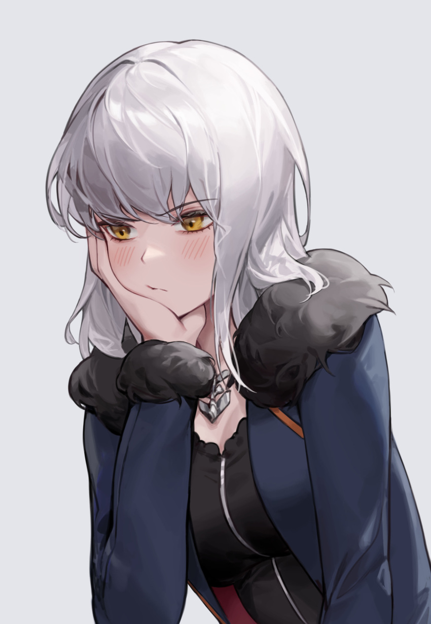 1girl absurdres bangs blush breasts cotta_(heleif) eyebrows_hidden_by_hair fate/grand_order fate_(series) grey_hair highres jacket jeanne_d'arc_alter_(avenger)_(fate) jeanne_d'arc_alter_(fate) jeanne_d'arc_alter_(ver._shinjuku_1999)_(fate) jewelry necklace short_hair simple_background solo upper_body white_background yellow_eyes